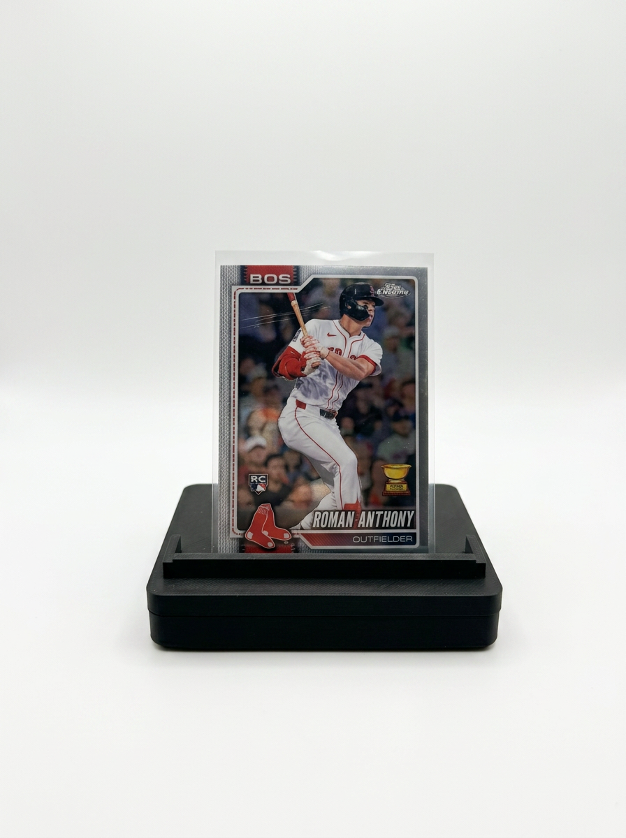 GO-001 holding a sleeved raw Roman Anthony rookie card